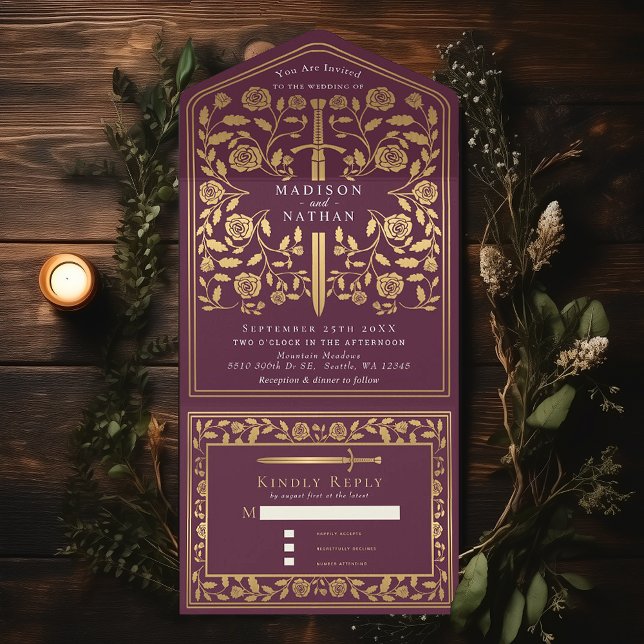 Invitation Tout En Un Mariage Médiéval Mauve Tout en un Invi (Créateur téléchargé)