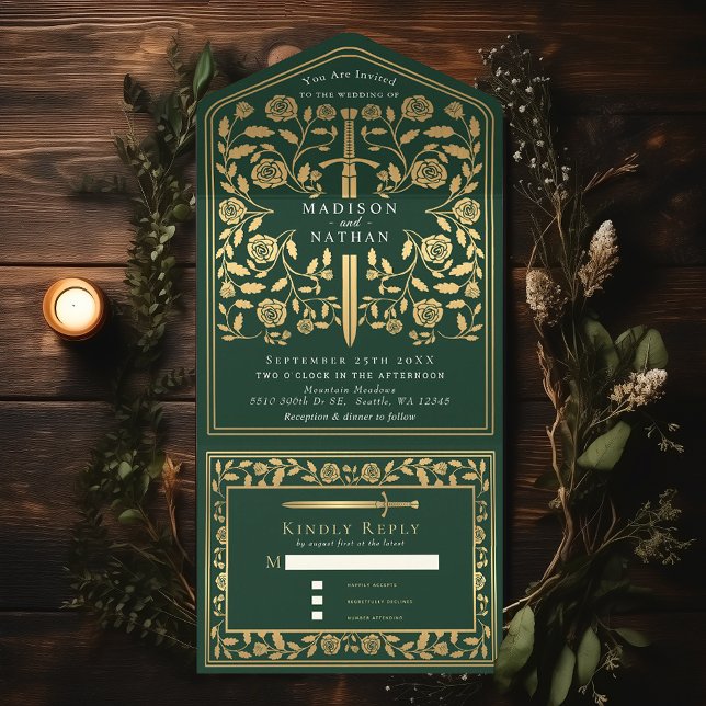Invitation Tout En Un Mariage médiéval royal vert (Créateur téléchargé)