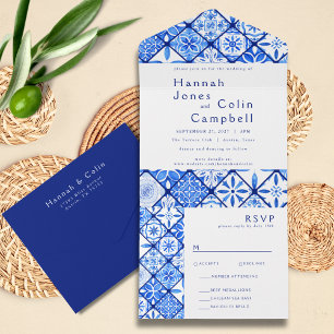 Invitation Tout En Un Mariage méditerranéen moderne en carrelage bleu