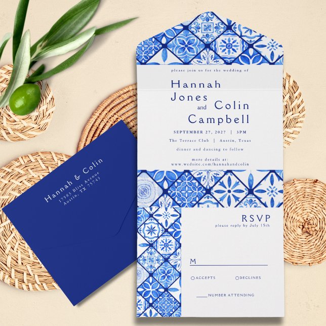 Invitation Tout En Un Mariage méditerranéen moderne en carrelage bleu (Créateur téléchargé)