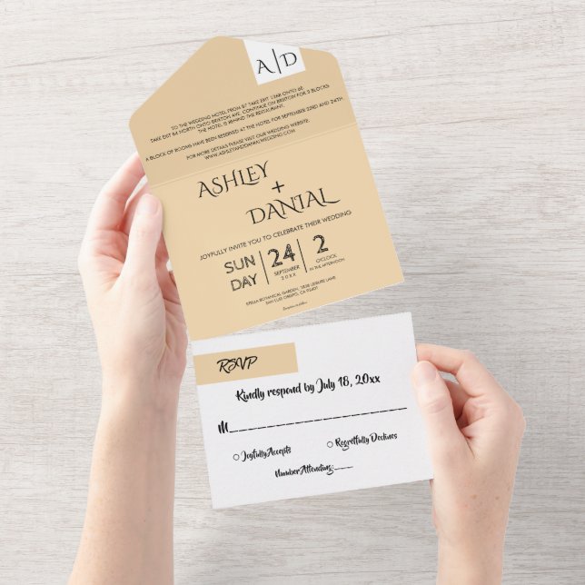 Invitation Tout En Un Mariage minimal Chic Beige Blanc Moderne Élégant (Déchirure)