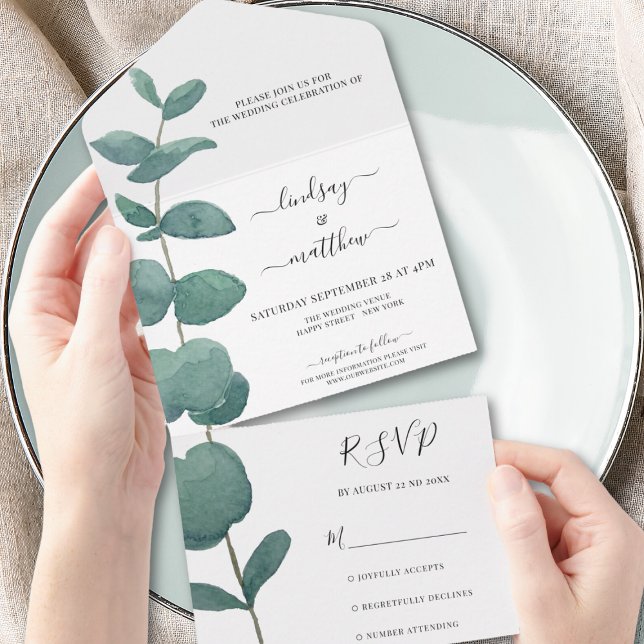 Invitation Tout En Un Mariage minimal d'eucalyptus (Créateur téléchargé)