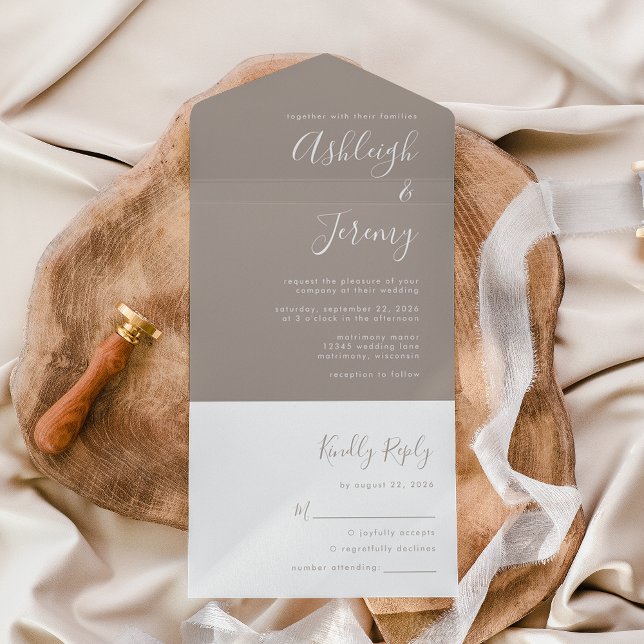 Invitation Tout En Un Mariage Minimal Taupe Écriture Moderne (Créateur téléchargé)