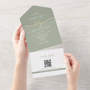 Invitation Tout En Un Mariage minimaliste avec code QR vert sauge