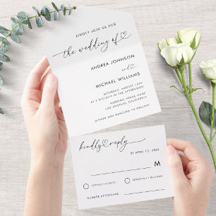 Invitation Tout En Un Mariage Minimaliste Blanc Écriture Cœur Romantique