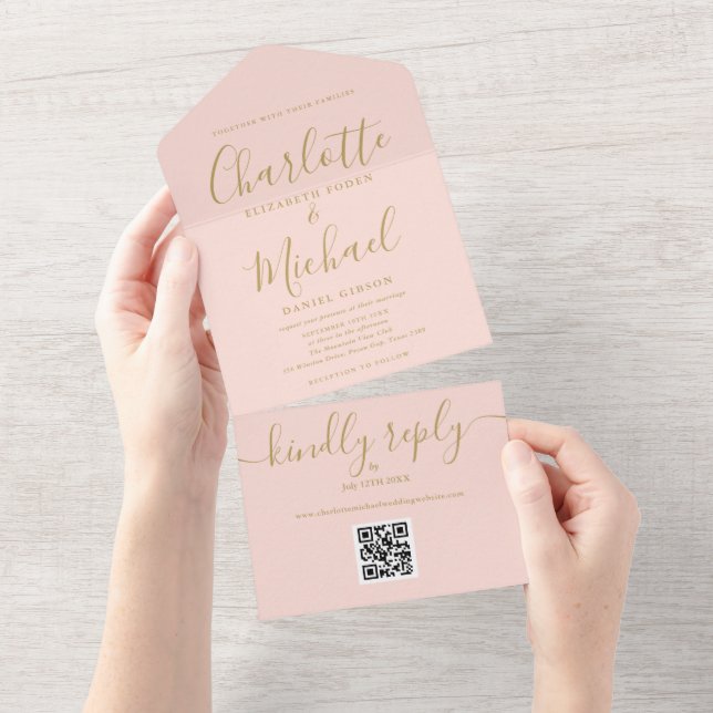 Invitation Tout En Un Mariage minimaliste de code QR rose et or (Déchirure)