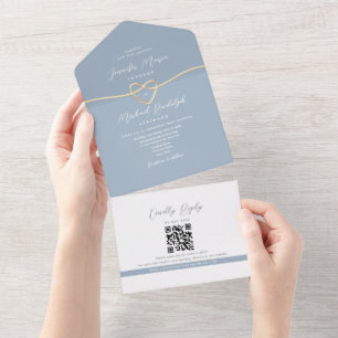 Invitation Tout En Un Mariage Minimaliste Or et Bleu Poussiéreux