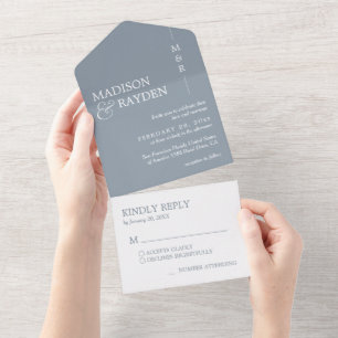 Invitation Tout En Un Mariage minimaliste simple monogramme bleu poussié