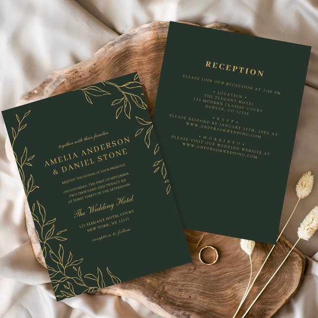 Invitation Tout en un Mariage minimum de feuille d'or vert (Créateur téléchargé)