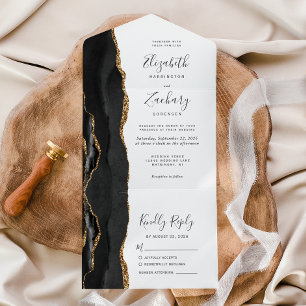 Invitation Tout En Un Mariage Moderne à l'agate noire et or