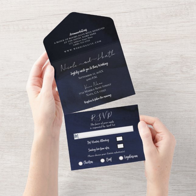 Invitation Tout En Un Mariage Moderne à l'Aquarelle Bleu Marine Maussade (Déchirure)