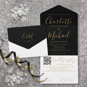 Invitation Tout En Un Mariage moderne à l'encre noire et or Code QR