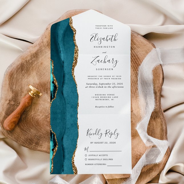 Invitation Tout En Un Mariage moderne agate bleu sarcelle or (Créateur téléchargé)