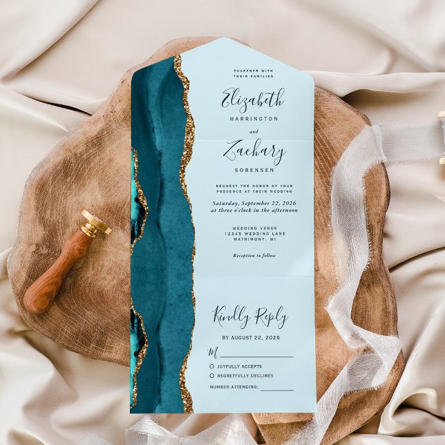 Invitation Tout En Un Mariage Moderne Agate Bleu Sarcelle Pâle Or (Créateur téléchargé)