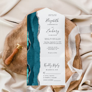 Invitation Tout En Un Mariage Moderne Agate Bleu Turquoise Argent