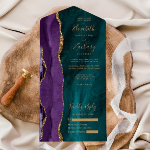Invitation Tout En Un Mariage Moderne Agate Doré Violet Turquoise