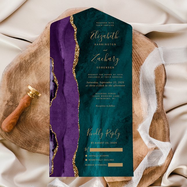 Invitation Tout En Un Mariage Moderne Agate Doré Violet Turquoise (Créateur téléchargé)