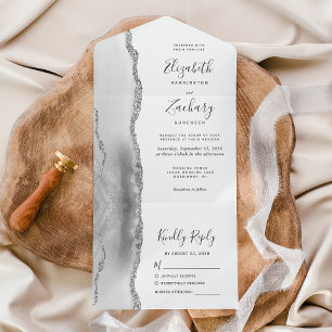 Invitation Tout En Un Mariage Moderne Agate Grise Blanche Argentée