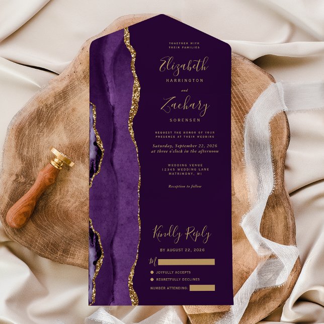 Invitation Tout En Un Mariage Moderne Agate Pourpre Or Prune (Créateur téléchargé)