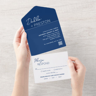 Invitation Tout En Un Mariage Moderne avec Code QR Bleu Marine Minimalis