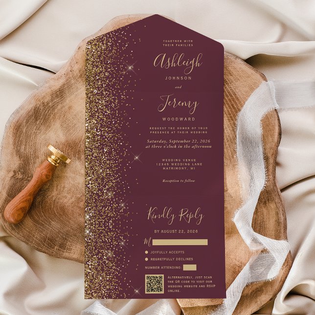 Invitation Tout En Un Mariage moderne avec code QR et paillettes bordeau (Créateur téléchargé)