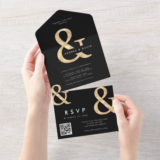 Invitation Tout En Un Mariage moderne avec code QR noir et esperluette d (Déchirure)