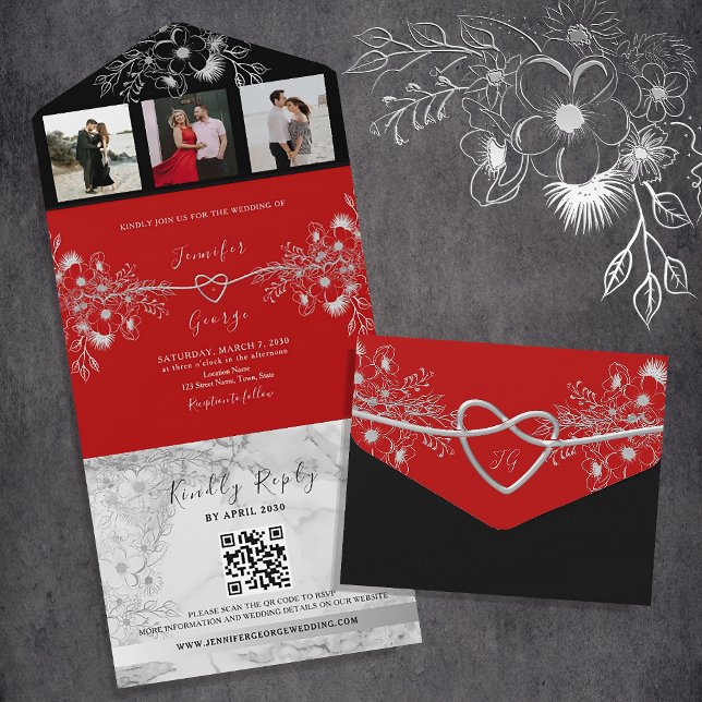 Invitation Tout En Un Mariage moderne avec code QR noir et rouge (Créateur téléchargé)