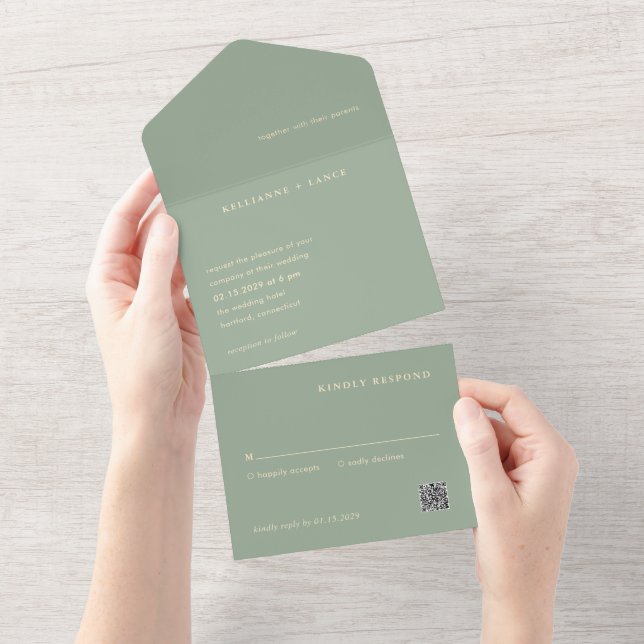 Invitation Tout En Un Mariage moderne avec code QR simple vert sauge (Déchirure)