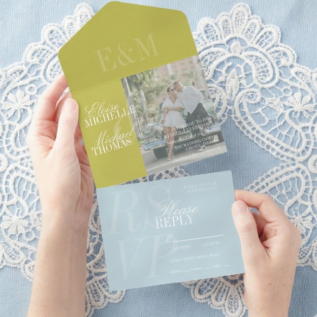 Invitation Tout En Un Mariage Moderne avec Écriture en Citron Vert et Bl (Invite guest to your big day with this Modern Script Citrus Green and Blue Wedding All in One Invite)