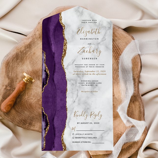 Invitation Tout En Un Mariage Moderne avec Marbre Violet et Or (Créateur téléchargé)