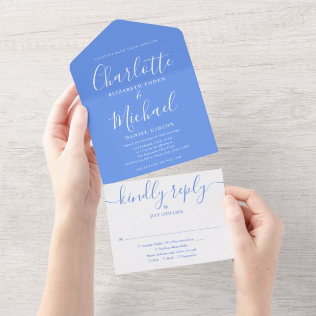 Invitation Tout En Un Mariage Moderne Bleu de la Cornouiller Signature S (Déchirure)