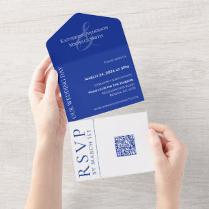 Invitation Tout En Un Mariage moderne bleu et blanc - Code QR