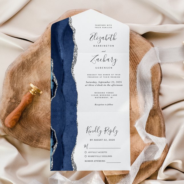 Invitation Tout En Un Mariage Moderne Bleu Nuit Agate Argent (Créateur téléchargé)