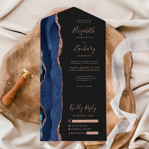 Invitation Tout En Un Mariage Moderne Bleu Nuit Rose Or Agate Sombre