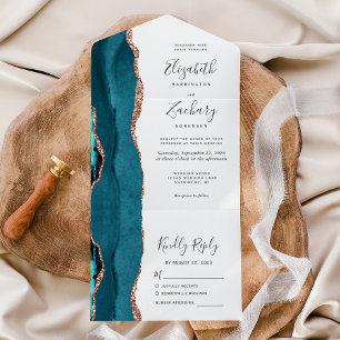 Invitation Tout En Un Mariage Moderne Bleu Sarcelle Or Rose Agate