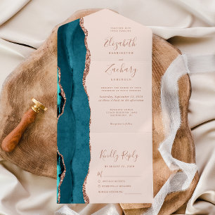 Invitation Tout En Un Mariage Moderne Bleu Sarcelle Or Rose Agate Blush