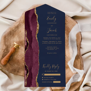 Invitation Tout En Un Mariage Moderne Bourgogne Or Agate Bleu Nuit