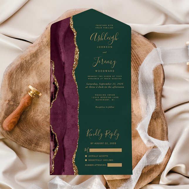 Invitation Tout En Un Mariage Moderne Bourgogne Or Agate Vert (Créateur téléchargé)