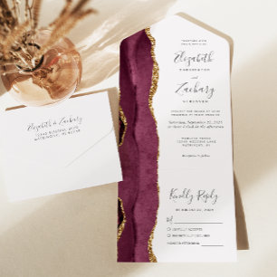 Invitation Tout En Un Mariage Moderne Burgundy Gold Agate Blush