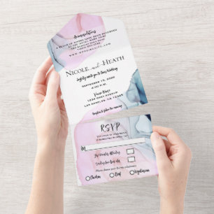 Invitation Tout En Un Mariage Moderne Chic à l'Aquarelle Rose et Sarcell