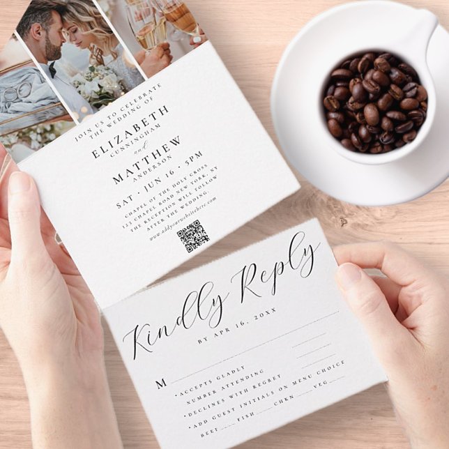 Invitation Tout En Un Mariage Moderne Chic QR Code Trois photos (Créateur téléchargé)