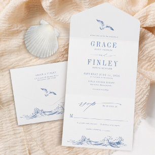 Invitation Tout En Un Mariage Moderne Côtes Chic Bleu Bord de Mer