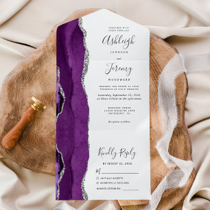 Invitation Tout En Un Mariage moderne d'âge d'argent violet