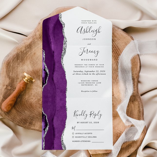 Invitation Tout En Un Mariage moderne d'âge d'argent violet (Créateur téléchargé)