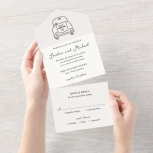 Invitation Tout En Un Mariage Moderne Doodle de Voiture Dessiné à la Mai