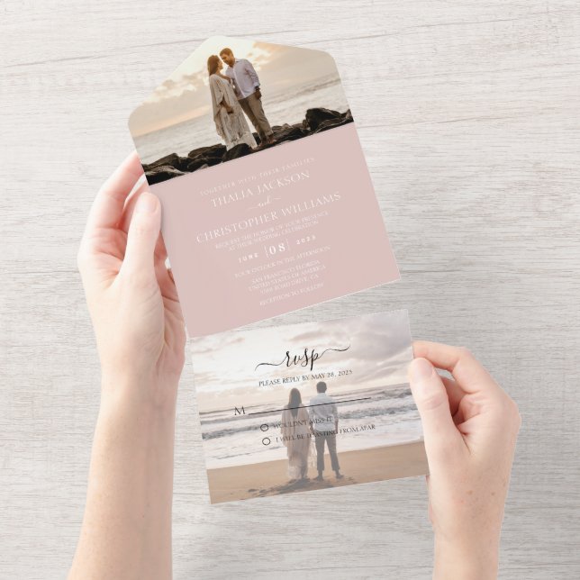 Invitation Tout En Un Mariage moderne Dusty Rose 2 photo RSVP  (Déchirure)