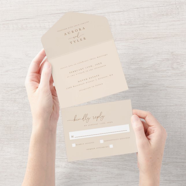 Invitation Tout En Un Mariage Moderne Écriture Beige (Déchirure)