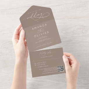Invitation Tout En Un Mariage moderne Élégant Chic Calligraphie Taupe
