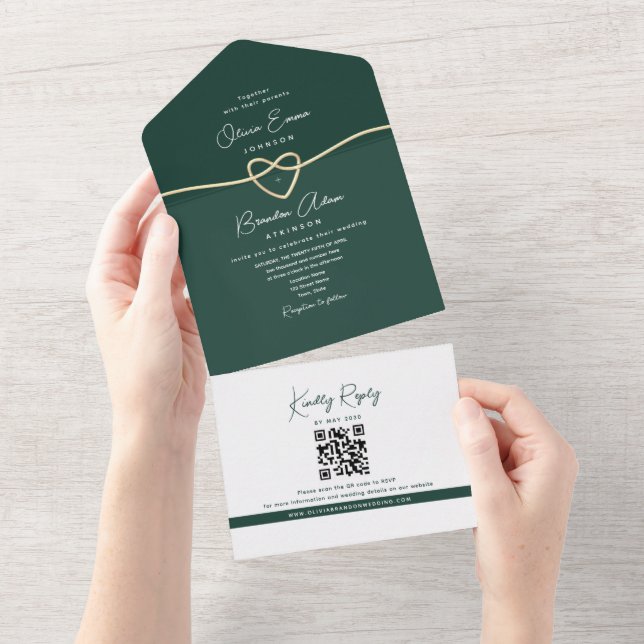 Invitation Tout En Un Mariage Moderne Émeraude Vert Or (Déchirure)