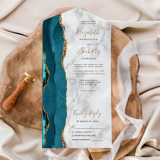 Invitation Tout En Un Mariage Moderne Marbre Agate Sarcelle Or (Créateur téléchargé)